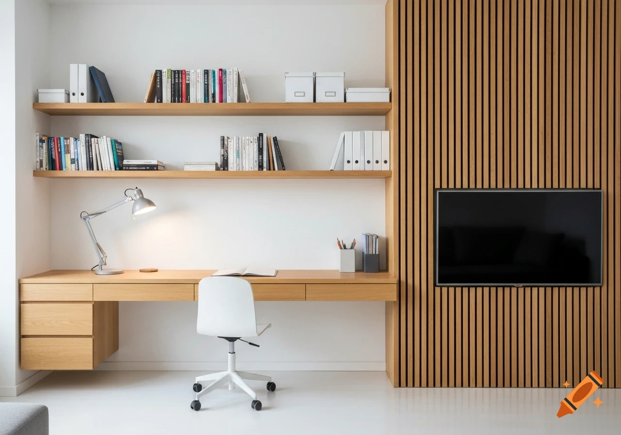 A modern minimalist home office with a light wood desk, white chair, shelves of books, and a TV on a slatted wooden wall.
