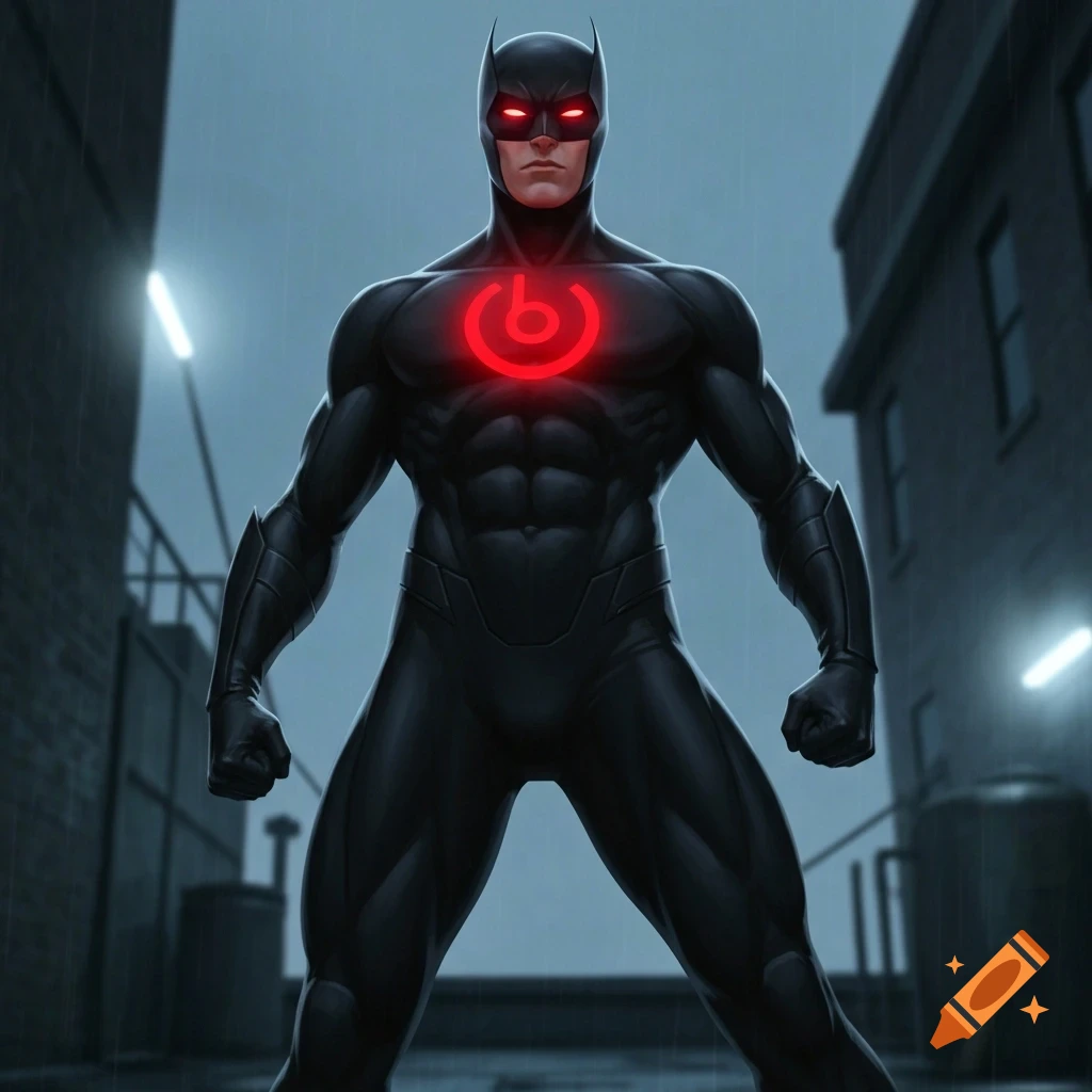 A muscular superhero in a black suit with glowing red eyes and a red on/off button logo on his chest stands in a dark, rainy alley.