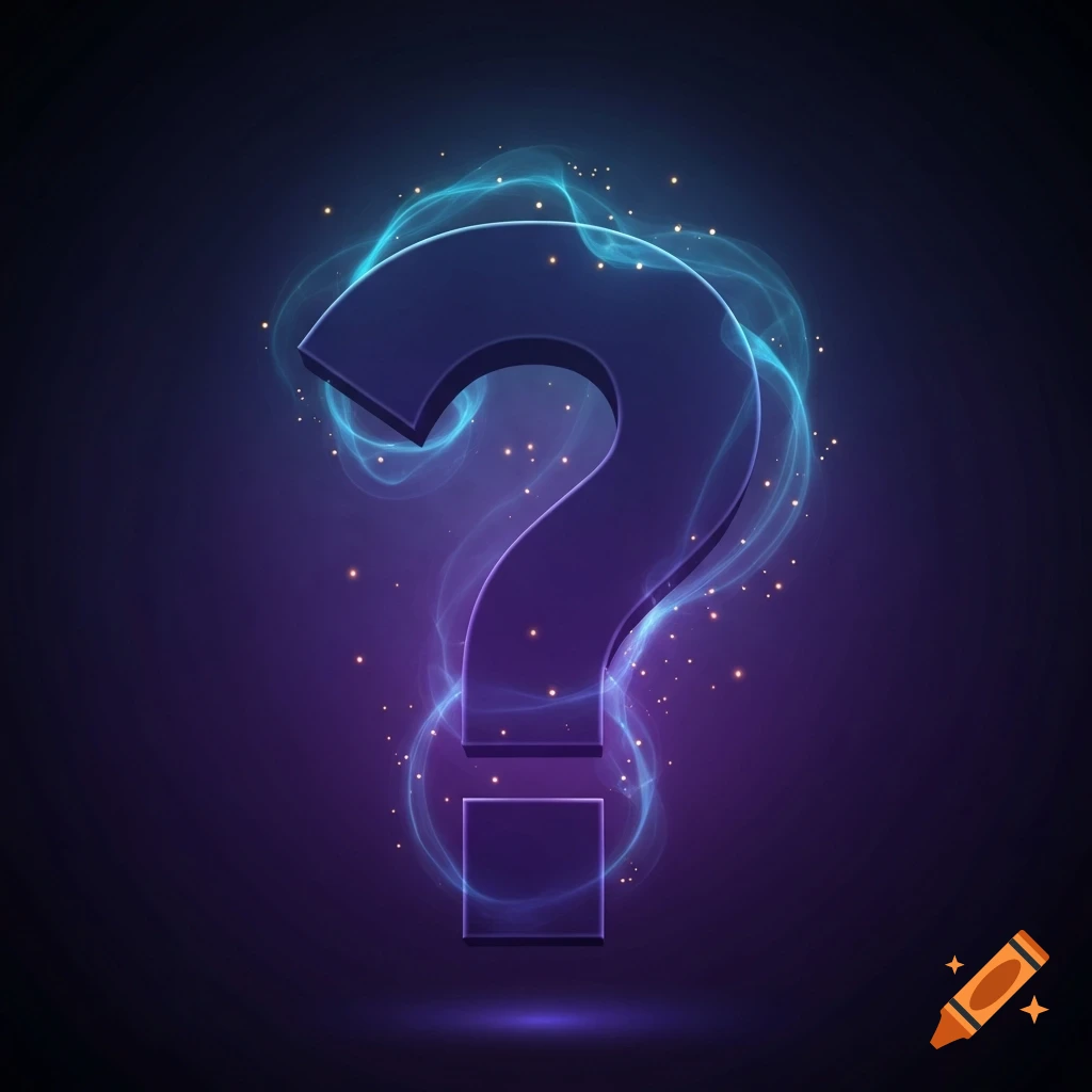 A glowing 3D question mark with a blue and purple neon outline, surrounded by golden particles on a dark background.