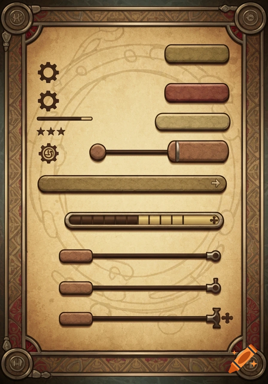 Decorative, aged parchment background with fantasy-themed UI elements like buttons, sliders, progress bars, and icons within an ornate frame.