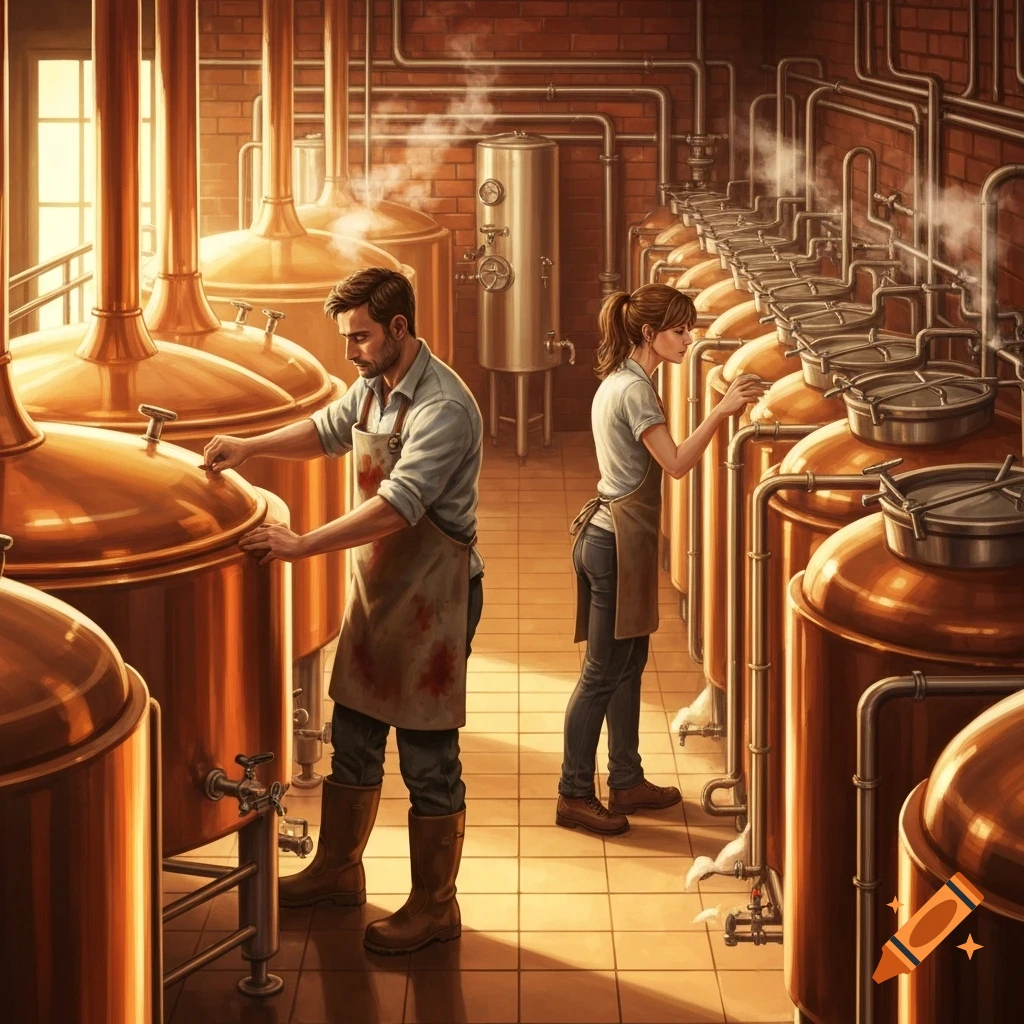 A man and woman in aprons work among large copper brewing tanks and pipes in a sunlit industrial brewery.