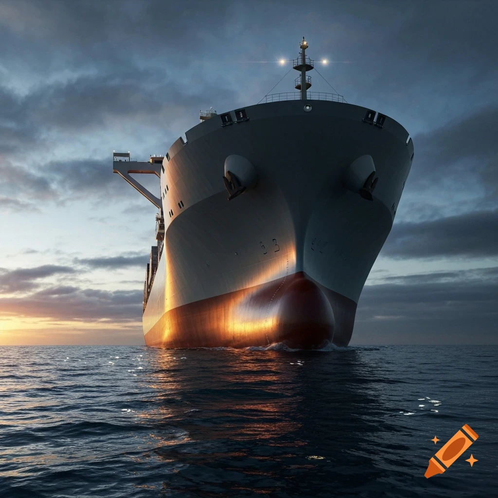 Large cargo ship with a prominent bulbous bow section sailing on a cloudy ocean at sunrise.