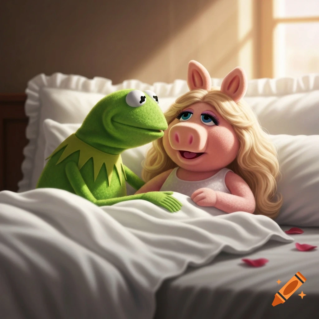 Photorealistic CGI of Kermit the Frog and Miss Piggy in bed, looking at each other affectionately, with rose petals.