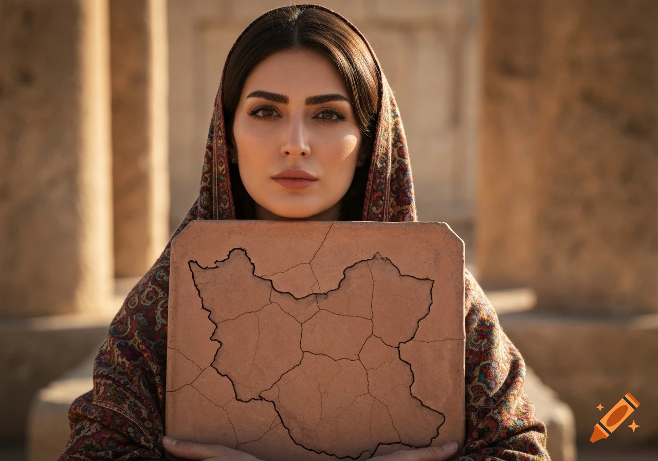 A woman in traditional Persian attire holds a cracked clay tablet shaped like the map of Iran against her chest, with ancient stone pillars in the blurred background. Photorealistic style.