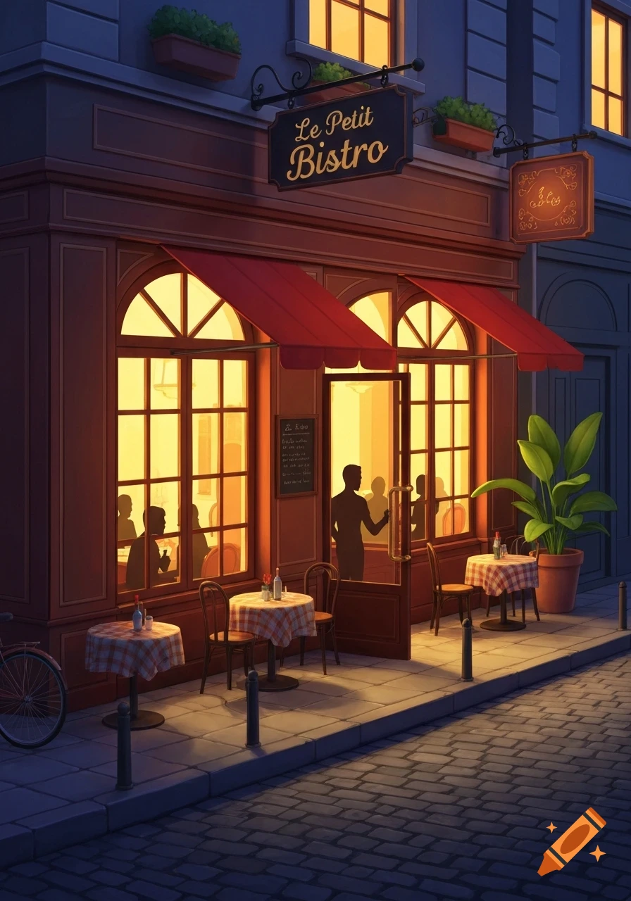 A charming cartoon bistro with red awnings and warm glowing lights at night on a cobblestone street with outdoor tables.