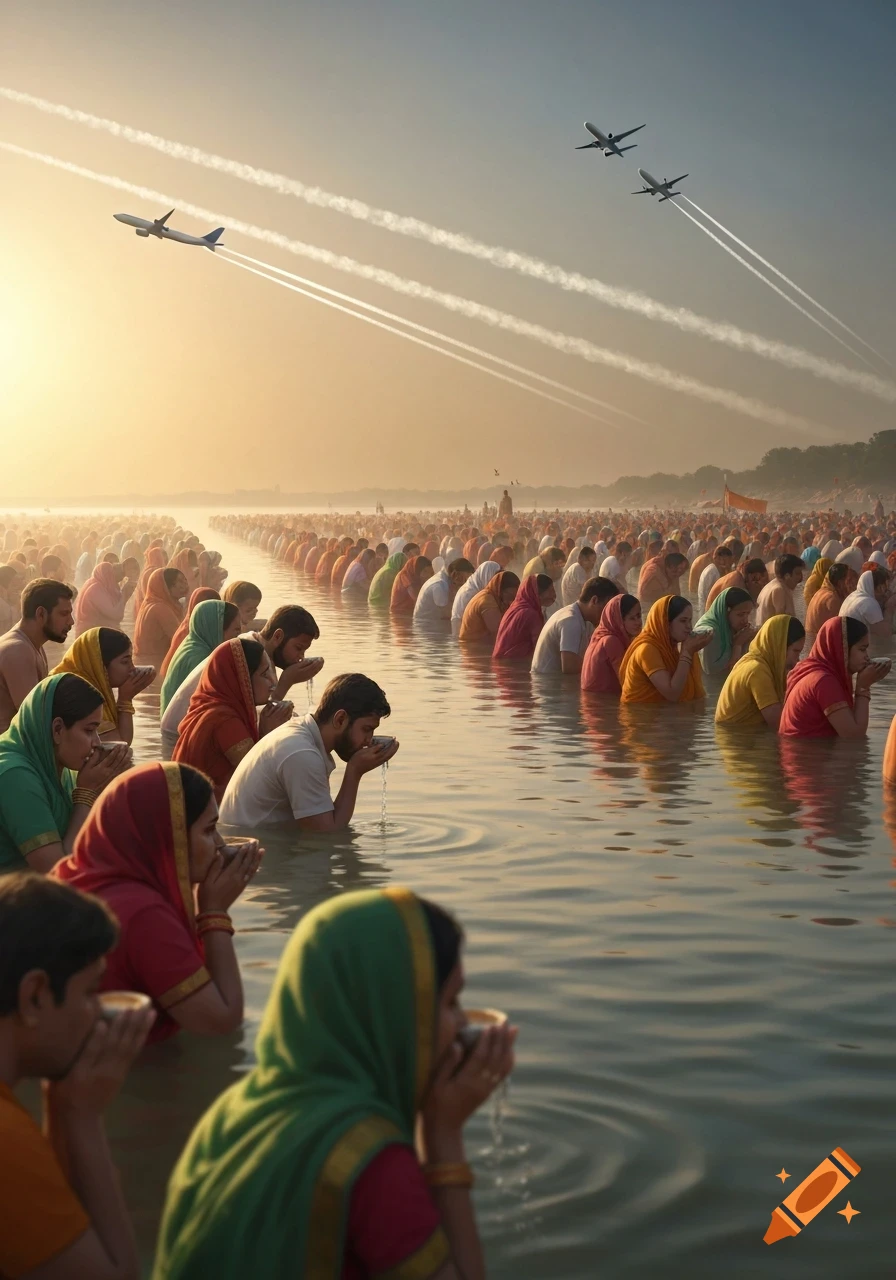 Thousands of people in traditional attire perform a ritual in a river at sunrise, with airplanes flying overhead leaving contrails.