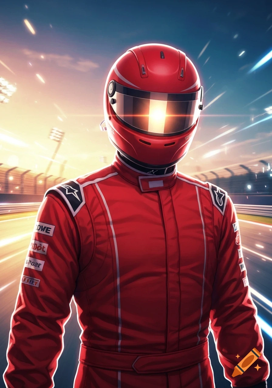 A male race car driver in a red suit and helmet stands on a track with motion blur and glowing lights, in an anime style.