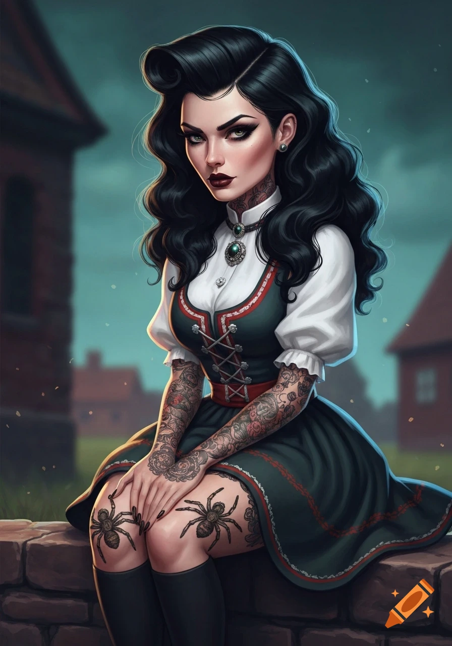 A gothic pin-up woman with black hair, elaborate arm tattoos, and tarantula tattoos on her knees, wearing a dark green Danish-style dress, sitting on a brick wall.