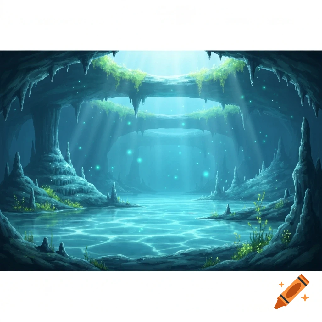 A fantasy illustration of a glowing underground cave with clear blue water and light rays streaming from above.