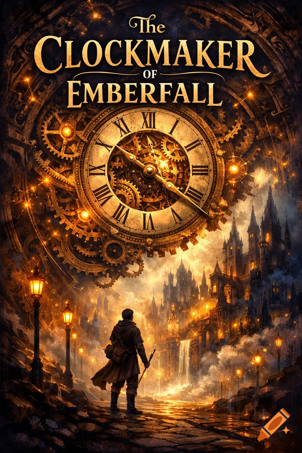 A fantasy book cover titled 'The Clockmaker of Emberfall' shows a figure facing a glowing steampunk city beneath a giant clock and gears.