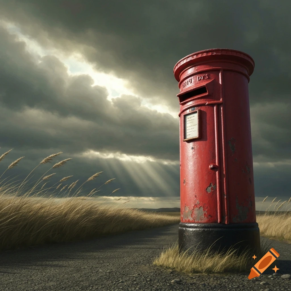 A weathered red pillar post box stands by a gravel road amidst tall golden grass, under a dramatic, cloudy sky with sunrays.