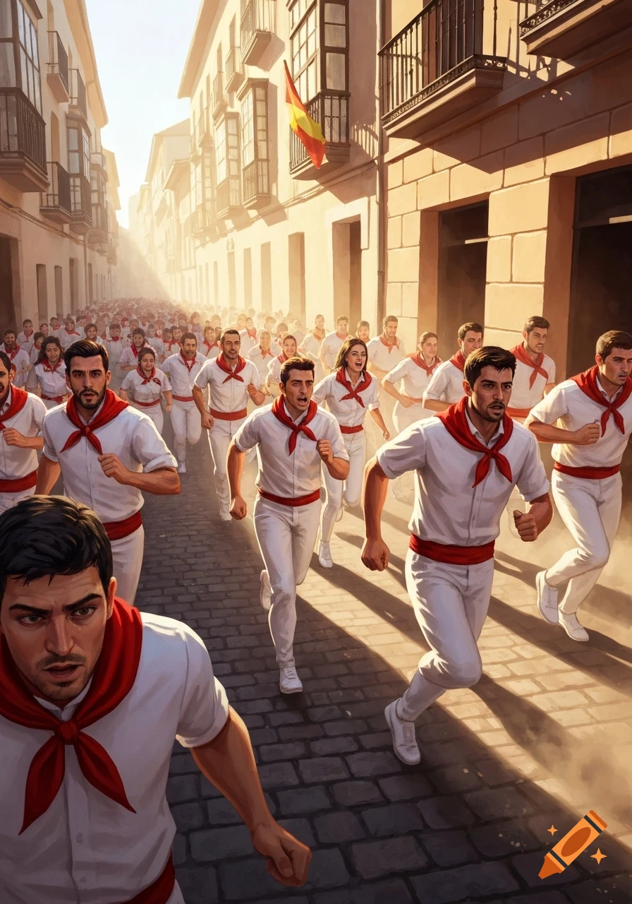 A large crowd of people in white clothing and red scarves run down a sunny, narrow European street lined with buildings.