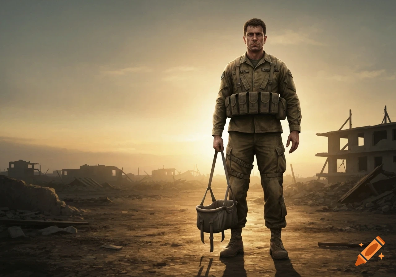 A stoic American soldier stands in a destroyed city landscape at sunset, holding an empty baby carrier, photorealistic.