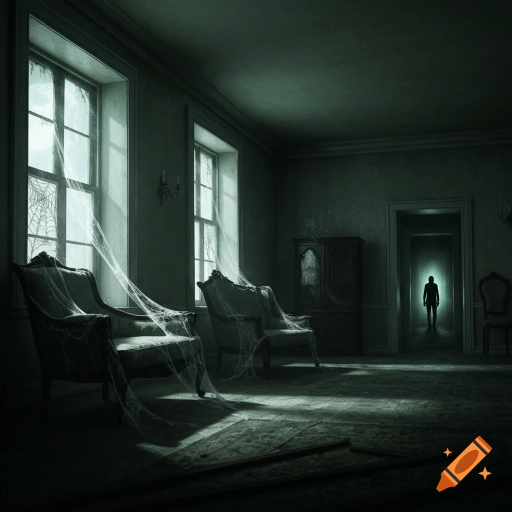 A dark, creepy abandoned room with cobweb-covered chairs, dusty windows, and a silhouetted figure standing in a distant doorway.