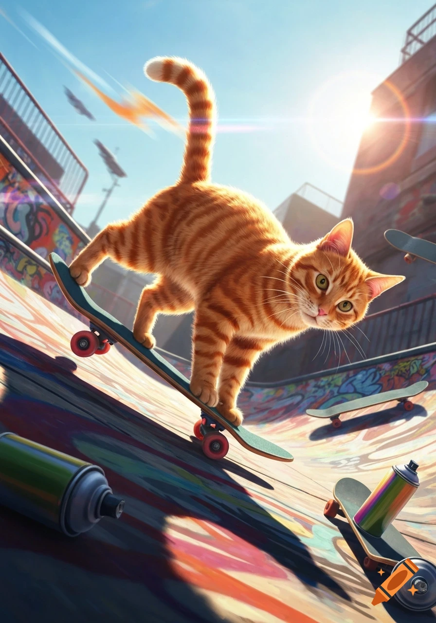 An orange tabby cat on a skateboard in a vibrant, sunlit, graffiti-covered skate park.