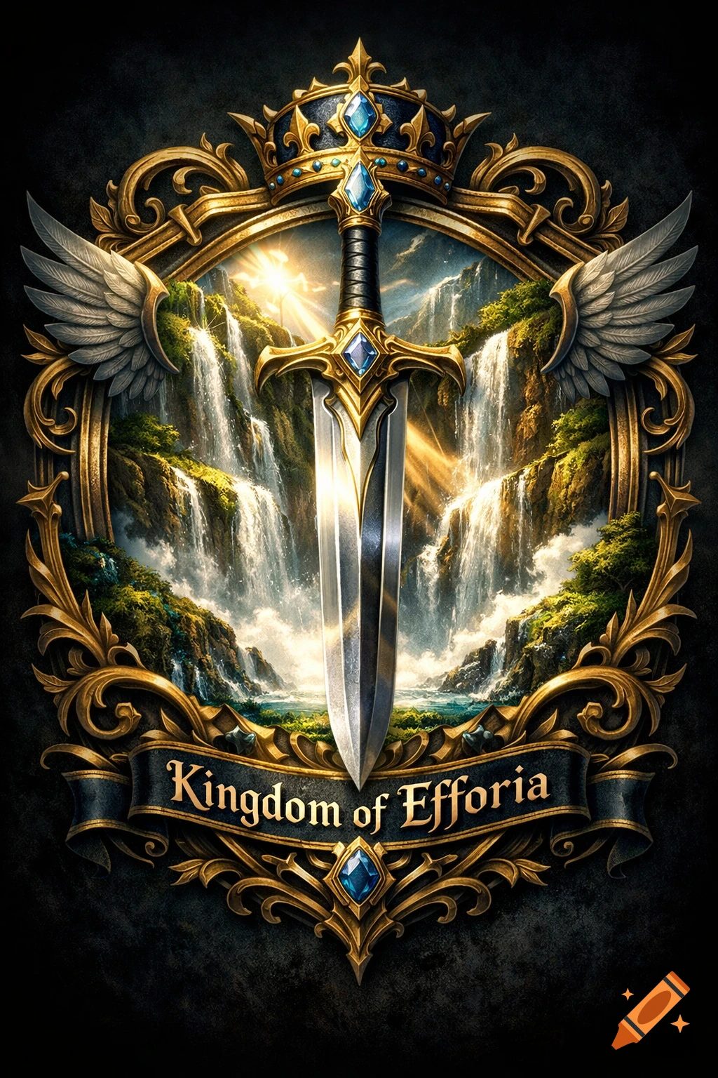 Ornate fantasy crest featuring a sword, crown, and wings over a backdrop of sunlit waterfalls, with 'Kingdom of Efforia' on a banner.
