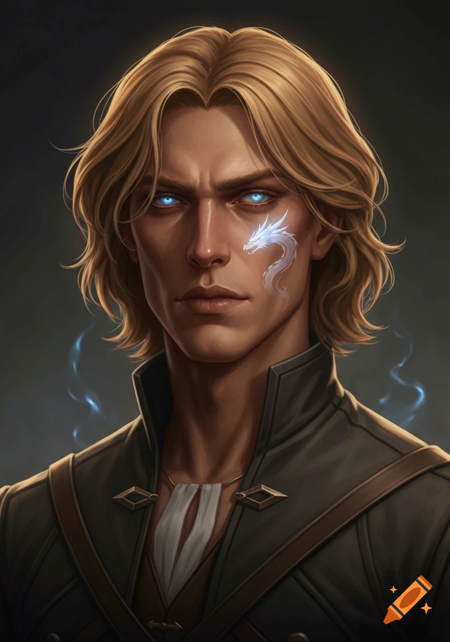 Stylized portrait of a blonde man with glowing blue eyes and a white dragon mark on his cheek, wearing dark fantasy attire.