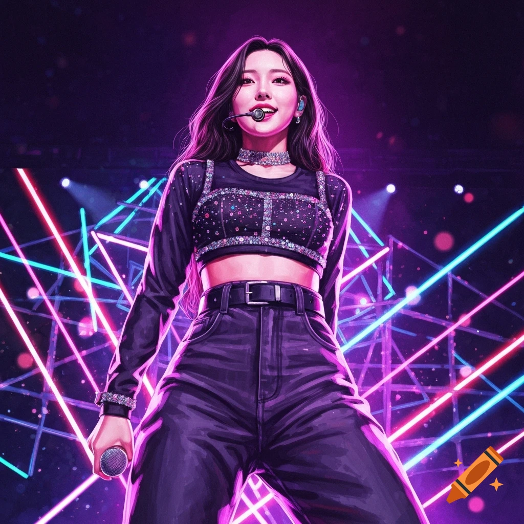 A stylized illustration of a female singer on stage, holding a microphone, surrounded by vibrant pink and blue neon lights.