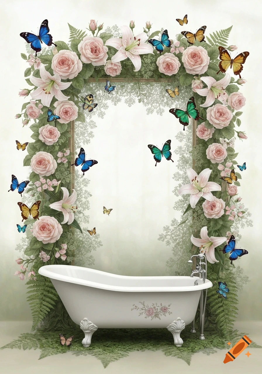 A white slipper bathtub sits amidst an arch of pink roses, white lilies, and green ferns, with colorful butterflies fluttering in a delicate Victorian style.