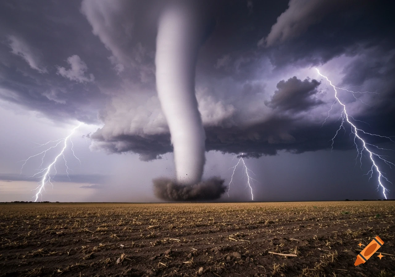 A powerful tornado rips across a barren field under dark, stormy clouds, illuminated by multiple lightning strikes.