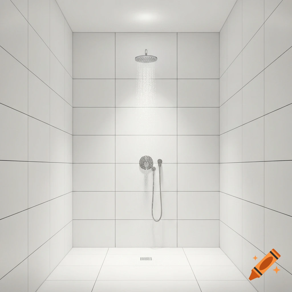 Photorealistic front view of a clean, empty walk-in shower with white tiles, a centered shower head with running water.