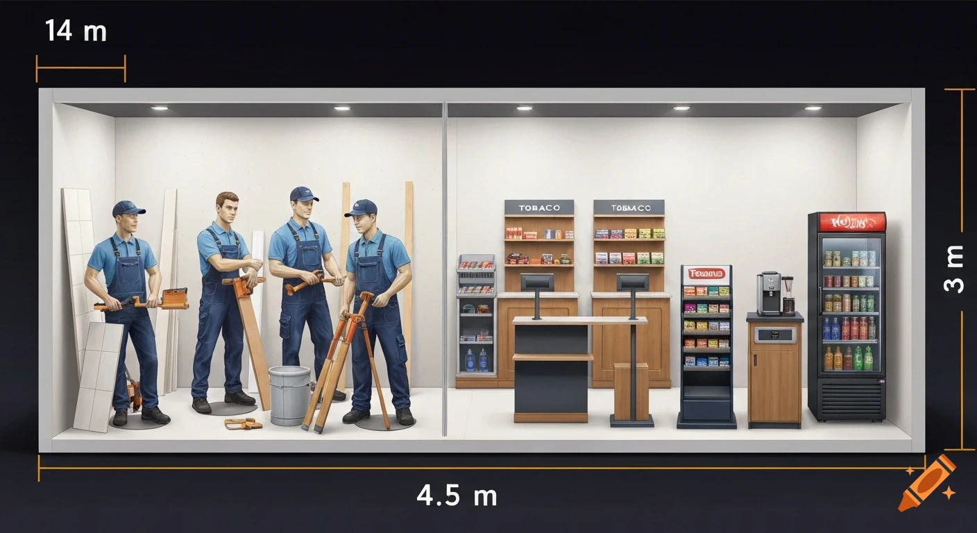 An exhibition booth with dimensions 14m x 4.5m x 3m. One side features mannequin craftsmen with tools, the other a convenience store setup with registers, tobacco shelves, coffee station, and a fridge.