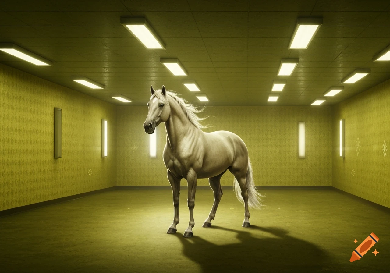 A photorealistic white horse stands in the center of a large, empty, yellow-walled room with fluorescent lights.