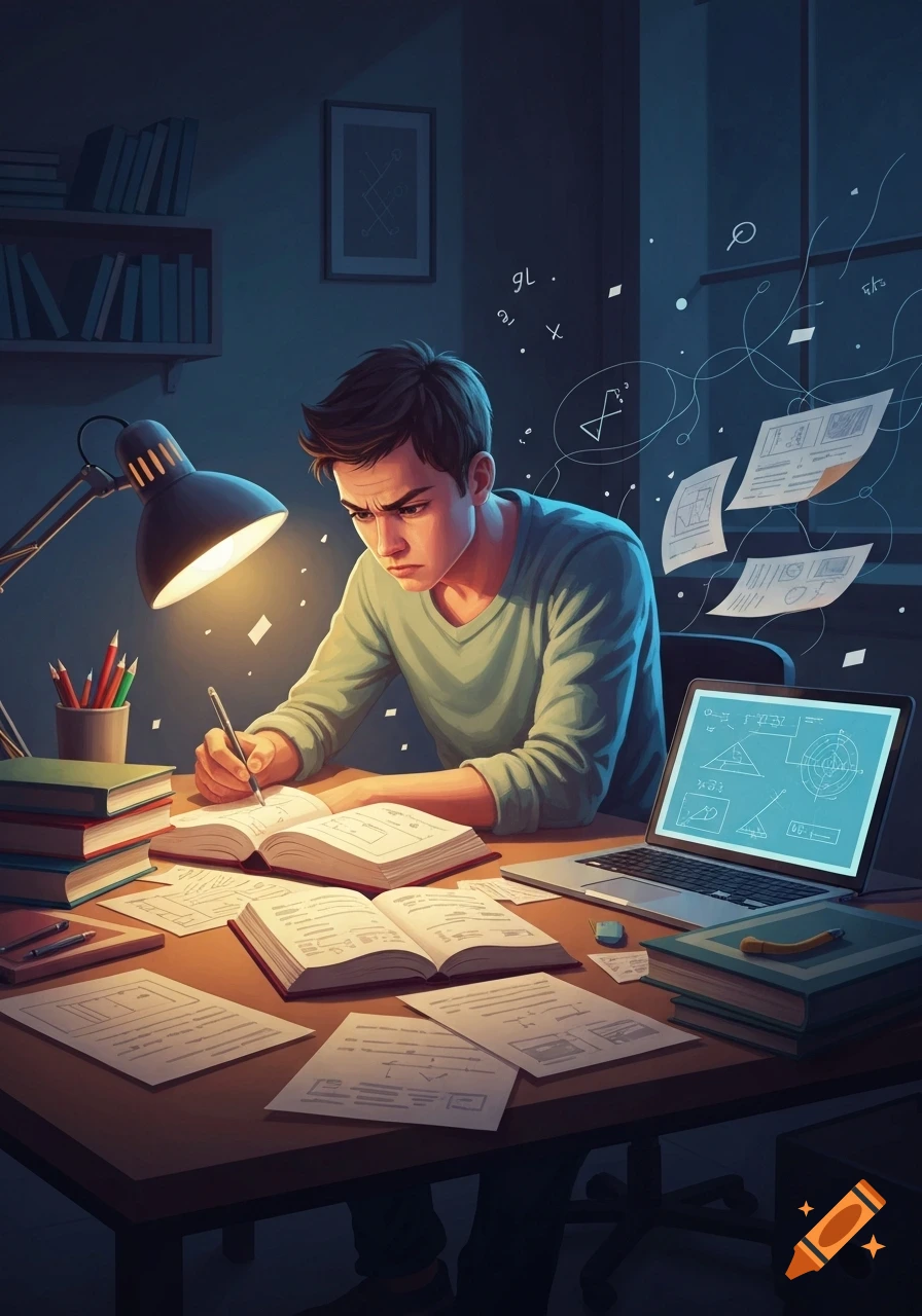A focused young man with dark hair studies late at night, surrounded by open books, papers with diagrams, and a laptop displaying equations, all illuminated by a desk lamp in an illustrated style.