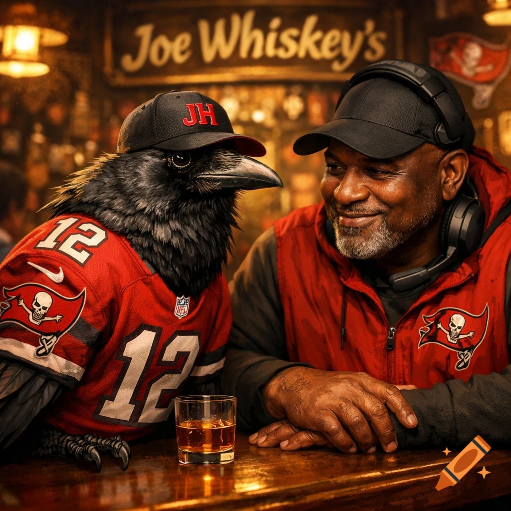 A crow in a Buccaneers jersey and hat sits at a bar next to a smiling man with headphones. A sign in the background reads "Joe Whiskey's".