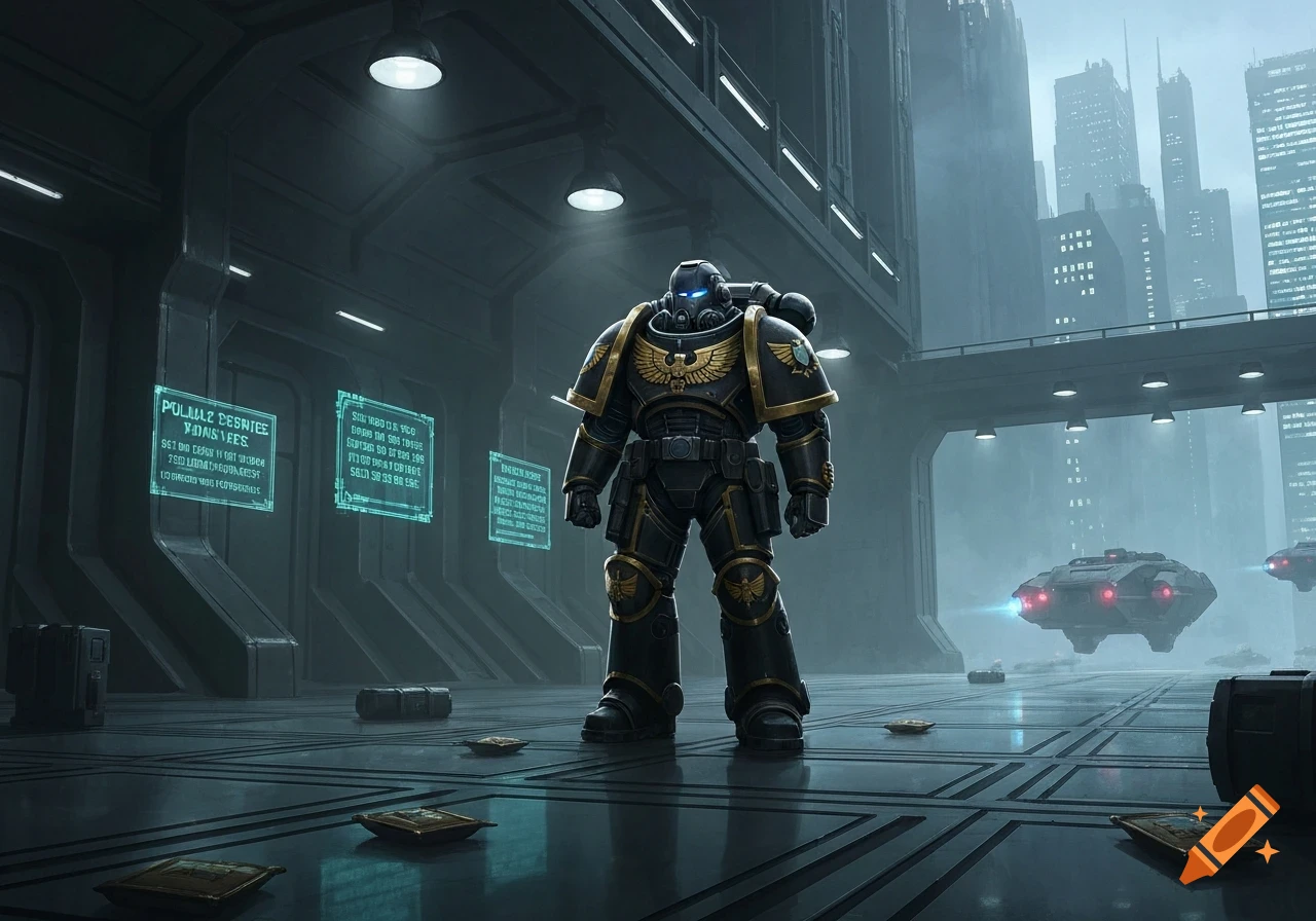 A large space marine in black and gold power armor stands in a futuristic, dark grey base with holographic screens and flying vehicles, with a city skyline in the background.