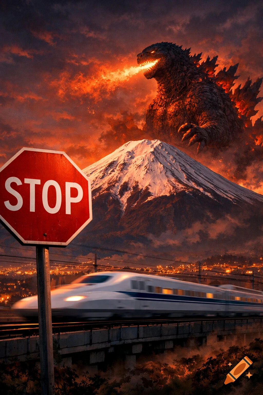 Godzilla breathing fire over Mount Fuji with a blurred Shinkansen train and a stop sign at sunset.