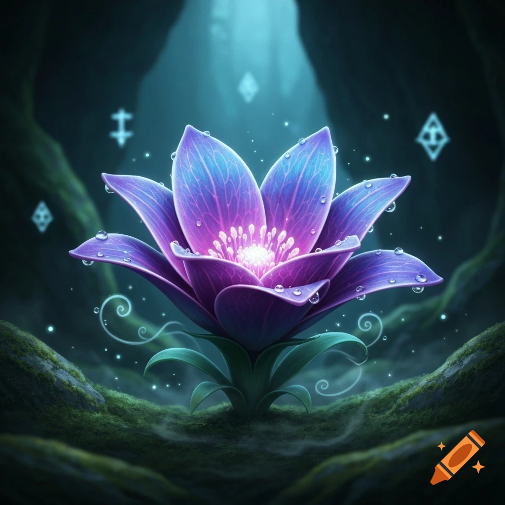 A vibrant, glowing purple and blue fantasy flower with water droplets in a dark, mystical forest with floating luminous symbols.