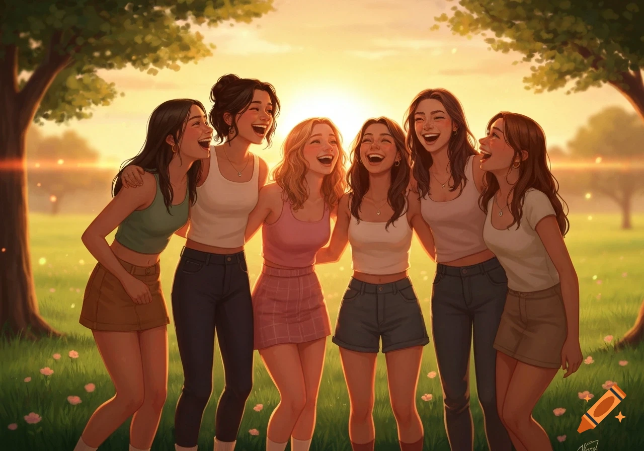 Six young women laughing and hugging in a sunny, stylized park with trees and small flowers.