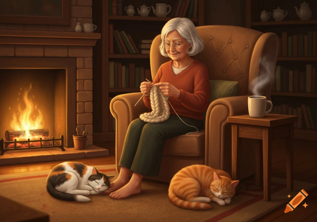 An elderly woman knits in an armchair by a fireplace, with two sleeping cats on the rug, in a cozy illustrated scene.