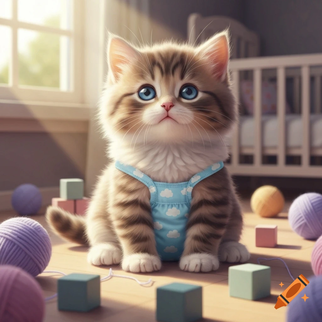 A fluffy tabby kitten with blue eyes wears a light blue onesie, sitting on a wooden floor surrounded by yarn and blocks in a sunlit room.