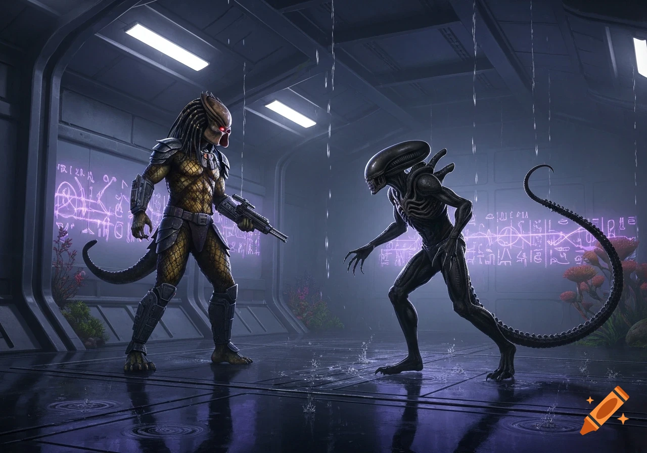 A Predator with glowing red eyes confronts a Xenomorph in a dimly lit, futuristic spaceship interior with glowing alien symbols and dripping water.