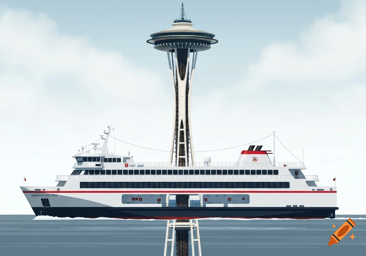 Stylized illustration of a Washington State ferry blended with the top of the Seattle Space Needle, both in profile, on the water under a cloudy sky.