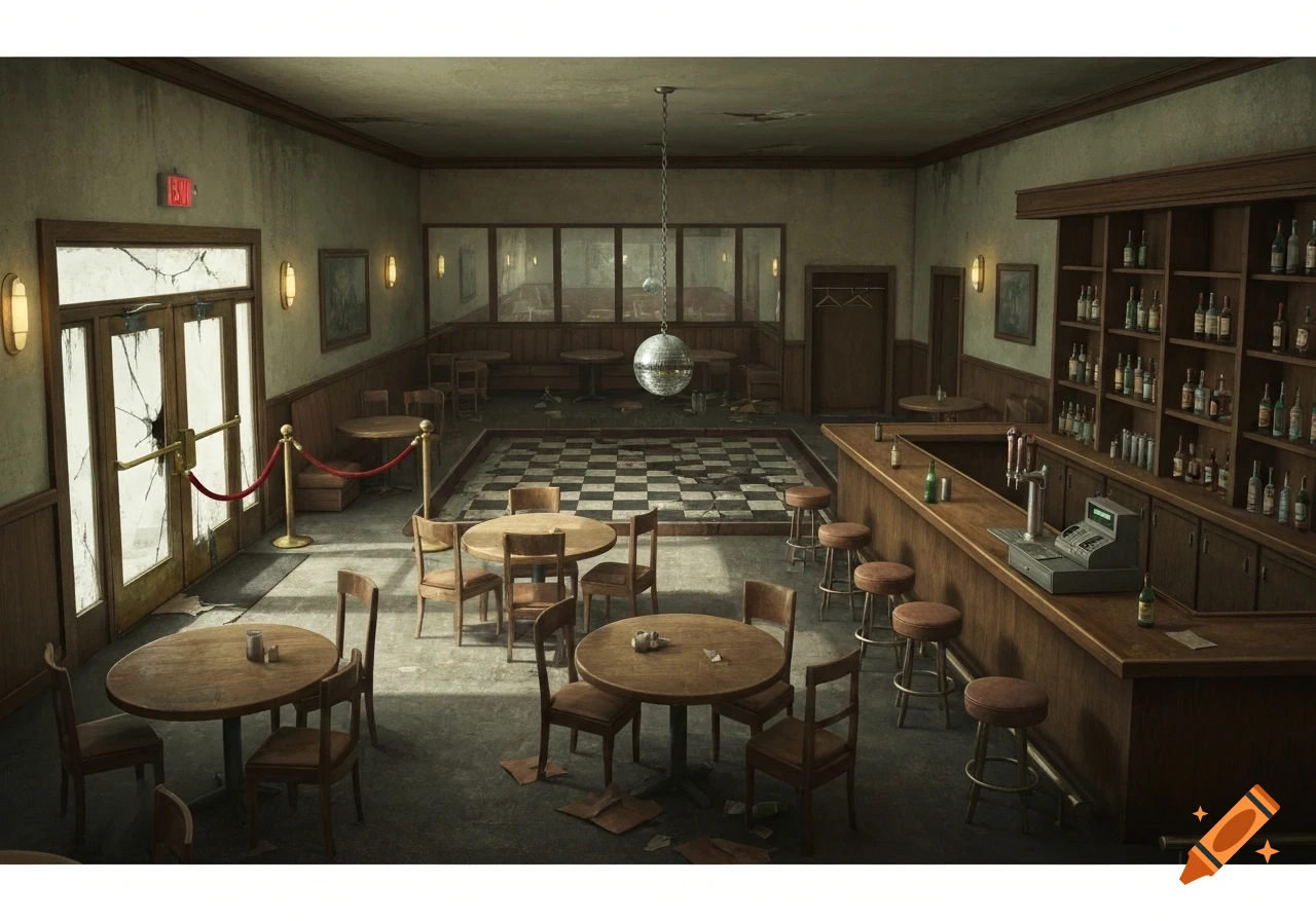 Abandoned, dusty 1970s bar with a disco ball over a checkerboard dance floor, a wooden bar, and cracked glass doors.