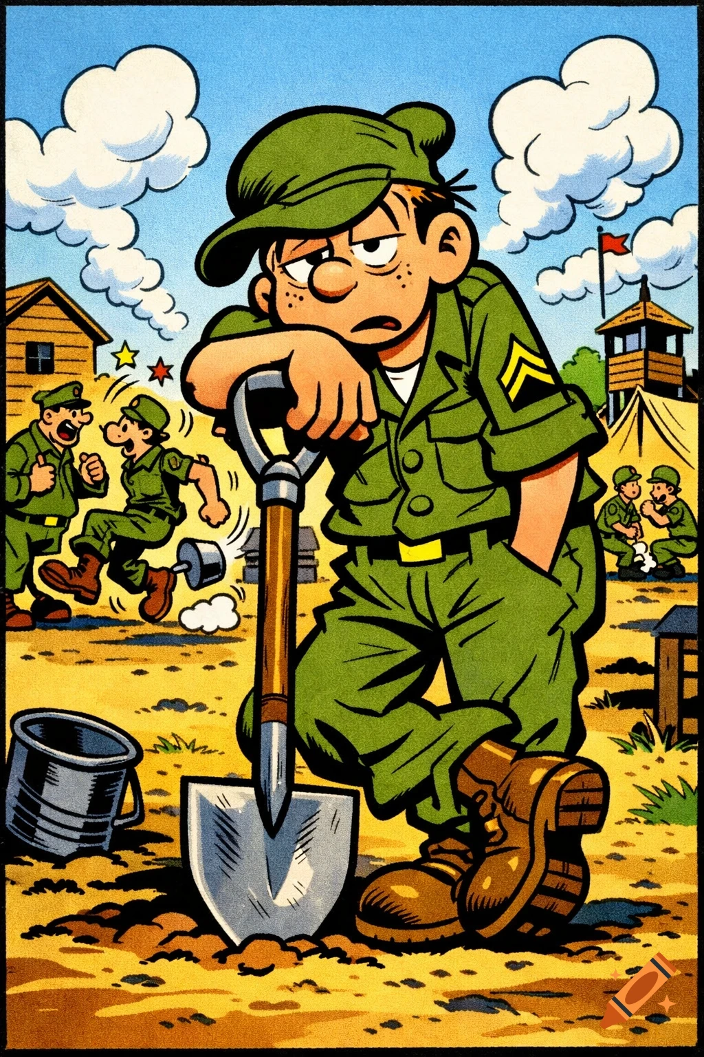 A bored soldier in a comic strip style, leaning on a shovel in a military camp, with other soldiers in the background.