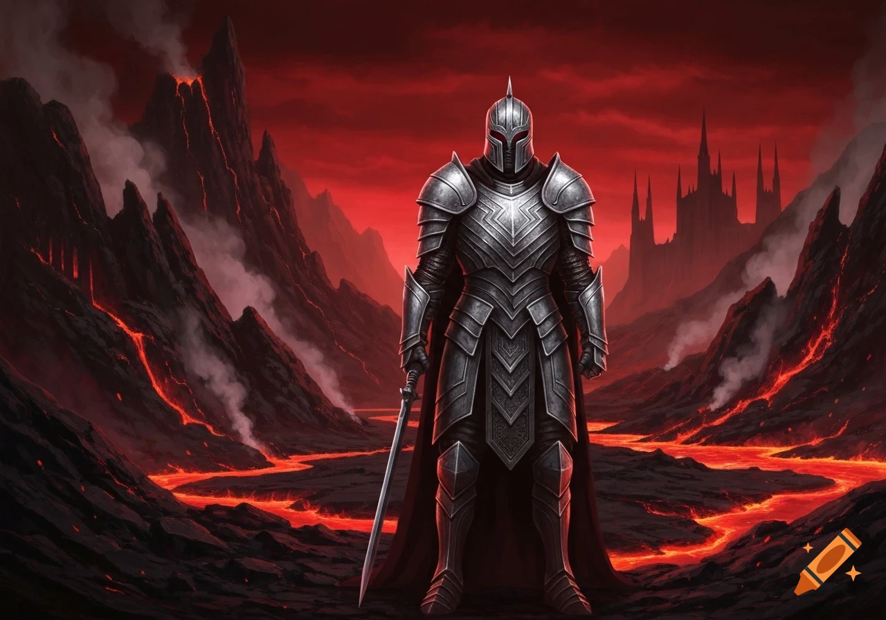 A heavily armored knight stands in a fiery volcanic landscape with a castle in the distance under a red sky.