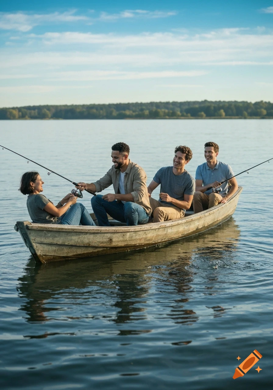 Four friends laugh together while fishing from a boat on a calm lake, surrounded by a natural landscape.