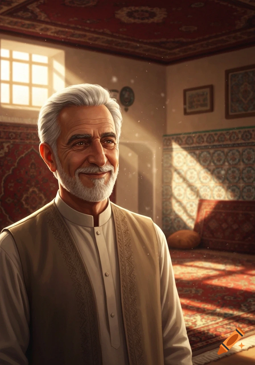 A smiling older man with gray hair and a beard, wearing a traditional vest over a long shirt, stands in a sunlit room with ornate Iranian carpets.