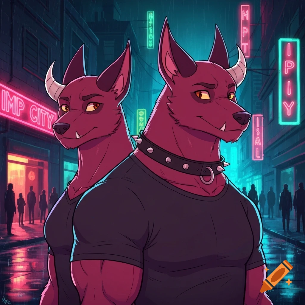 Two red anthropomorphic hellhounds with horns and collars in black shirts, posing on a rainy cyberpunk city street with neon signs at night in a digital art style.