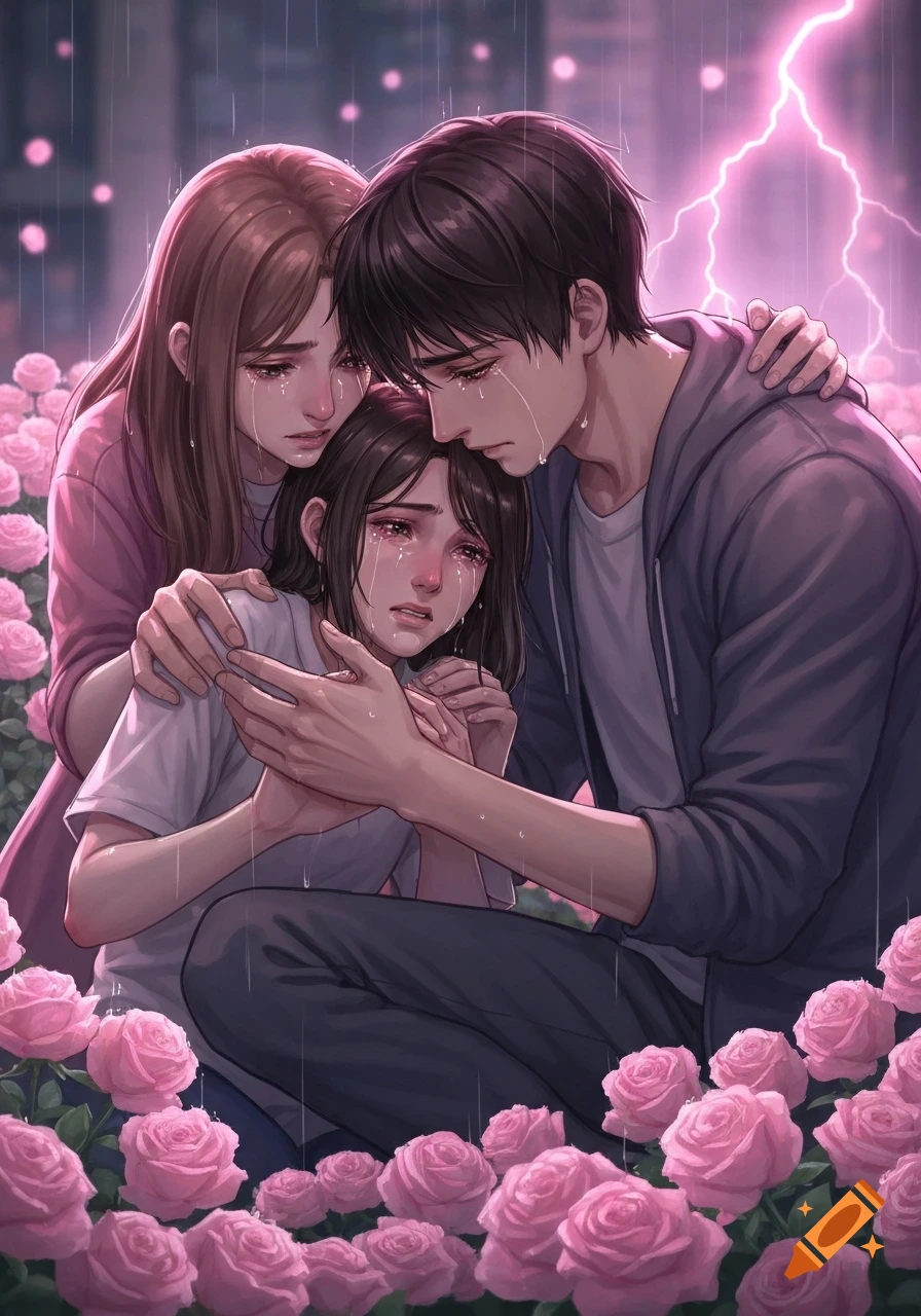 Three anime characters, two women and a man, cry while comforting each other in the rain, surrounded by pink roses with pink lightning.