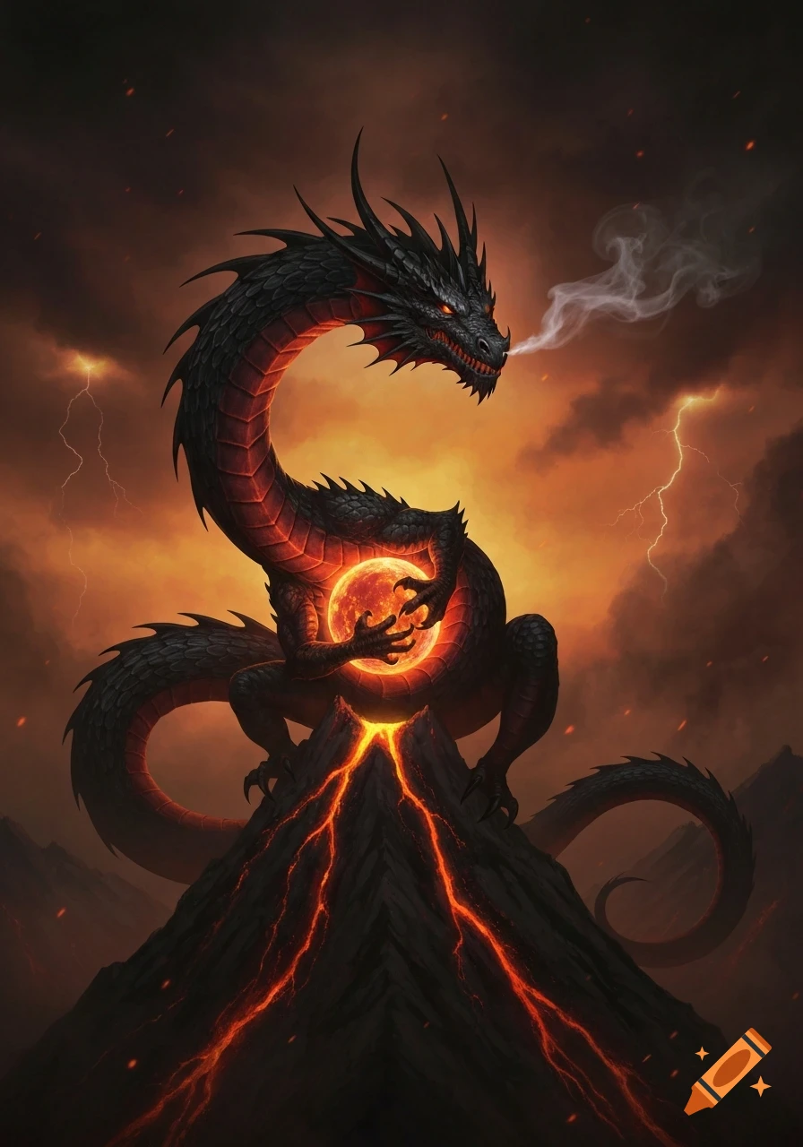 A black dragon with glowing red eyes holds a fiery orb over a volcano, breathing smoke into an orange, lightning-filled sky.