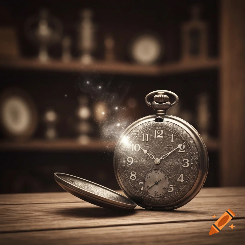 An ornate silver pocket watch with its lid open, emitting a magical glow, resting on a wooden table. Photorealistic.