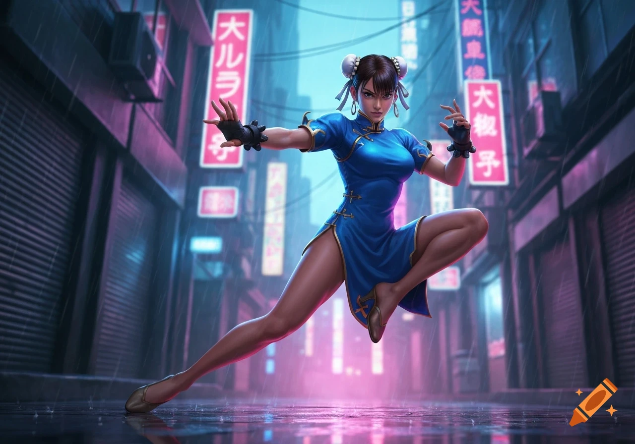 Chun-Li in a blue qipao, mid-air in a martial arts pose, against a rainy, neon-lit cyberpunk cityscape.