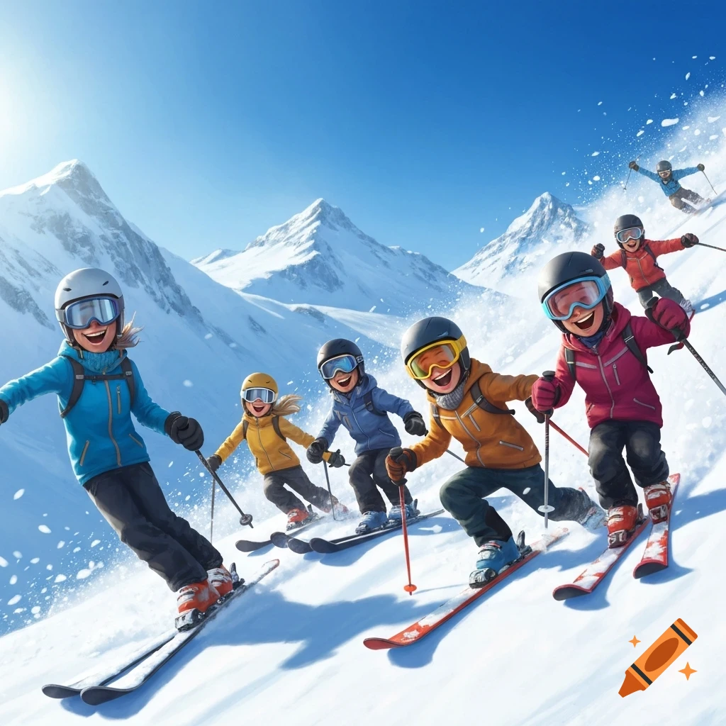 A group of animated skiers in colorful gear happily ski down a sunny, snowy mountain slope.