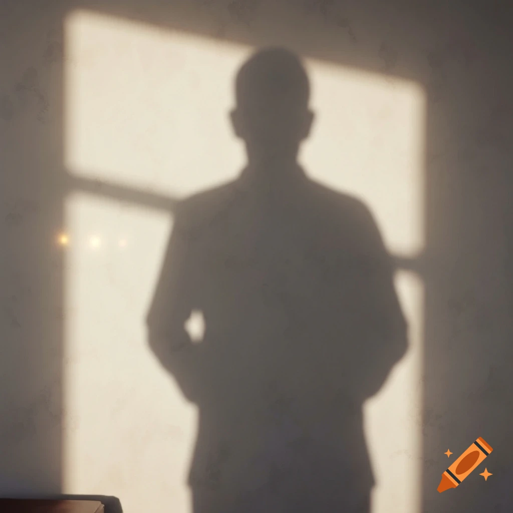 A man's silhouette cast as a shadow on a textured wall, with light from a window in the background.