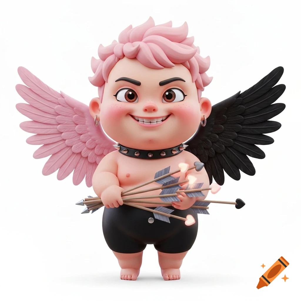 A cute 3D cartoon punky cherub with pink spiky hair, mismatched pink and black wings, wearing a spiked collar and black shorts, holding arrows with heart tips.